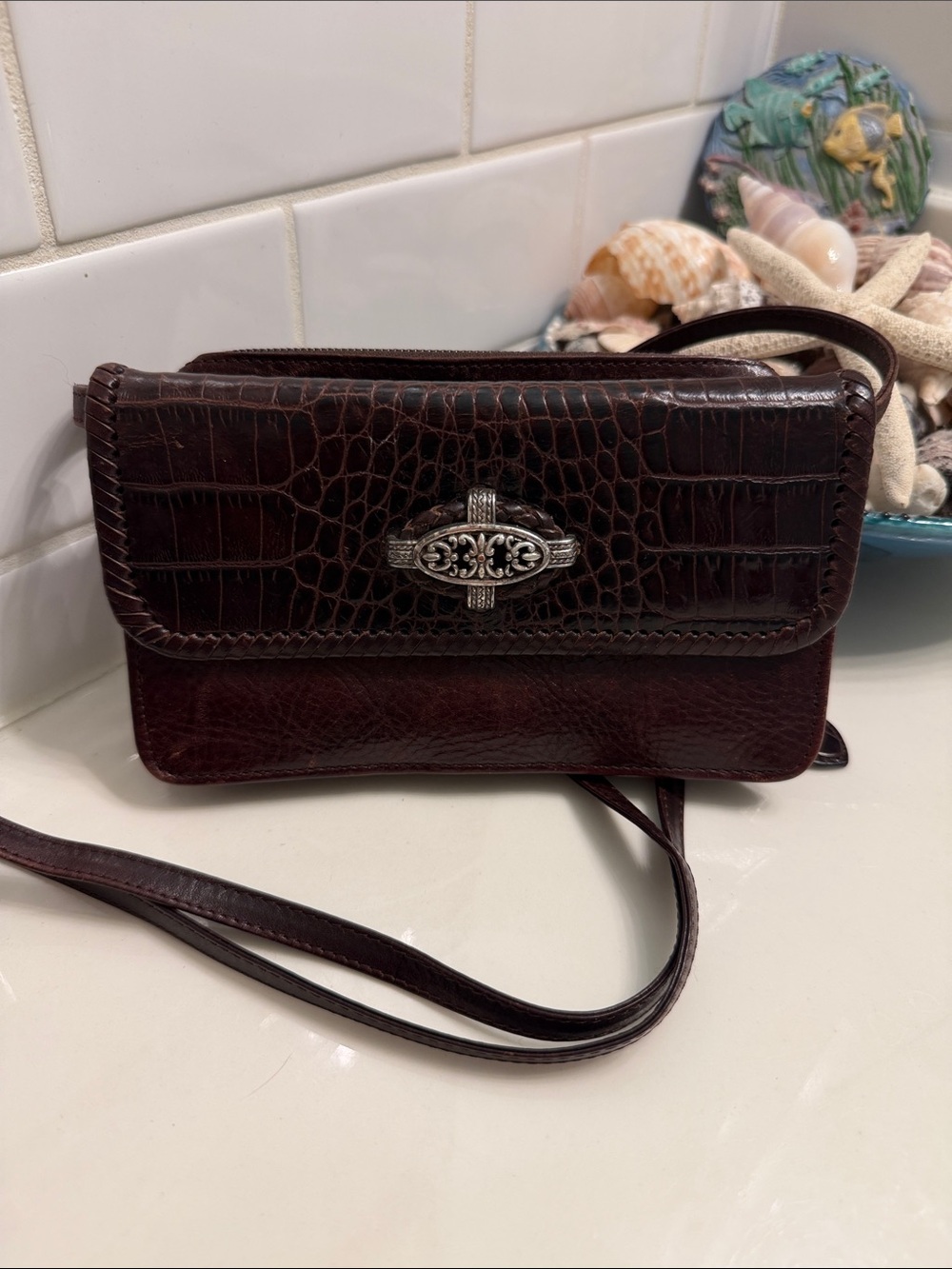 Brighton Dark Brown Croc-Embossed Leather Crossbody with Silver-Tone Accent
